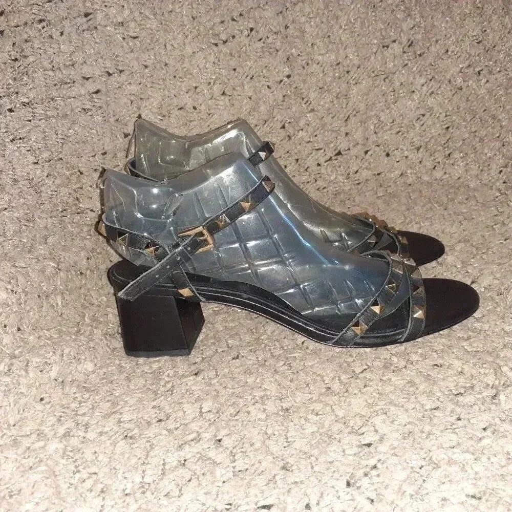ASH-Iggy-Studded Black Leather-Ankle Strap Heel Sandals-Sz 41/10-Excellent